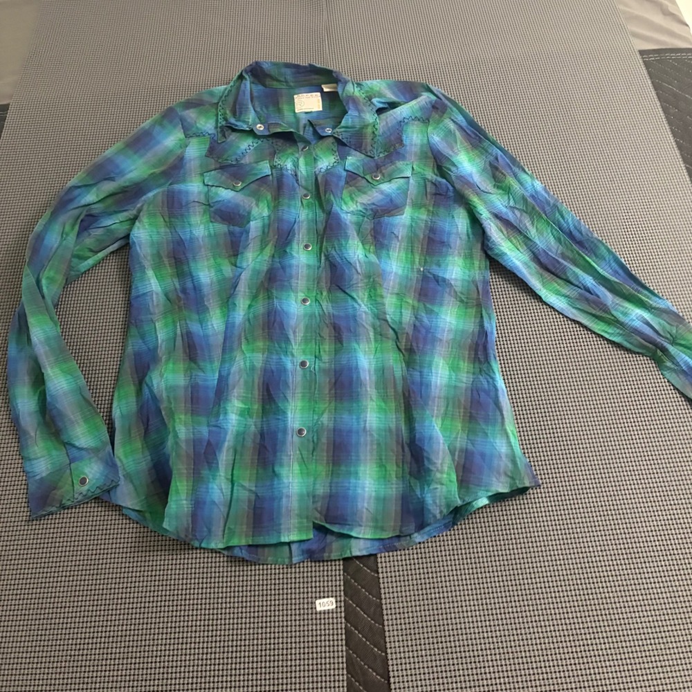 Roper Wear the West Mens XL Blue Green Plaid Western Snap Long Sleeve Shirt